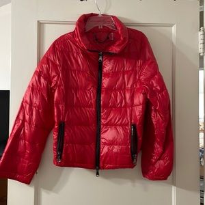 Anorak puffer jacket in cinnamon red. Black dual zipper. Worn once. SZ S